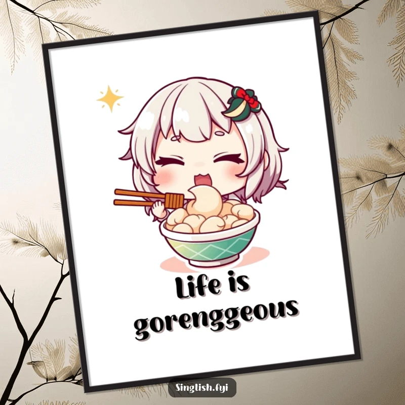 Funny free printable kitchen wall art of a character winking playfully beside a savory dish of mee goreng, adding a humorous touch.