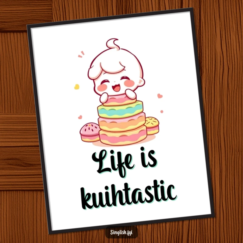 Funny free printable wall art depicting a character giggling while precariously balancing a towering stack of colorful and appetizing kuih.