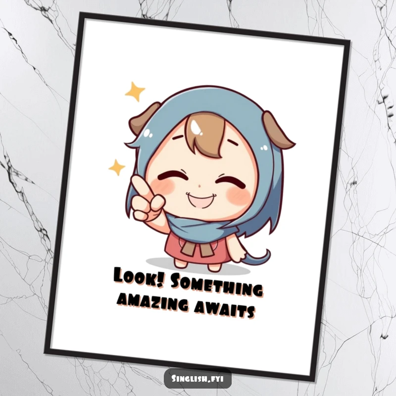 Funny Free Printable Wall Art: A grinning character playfully points out an unseen object with an amused expression.