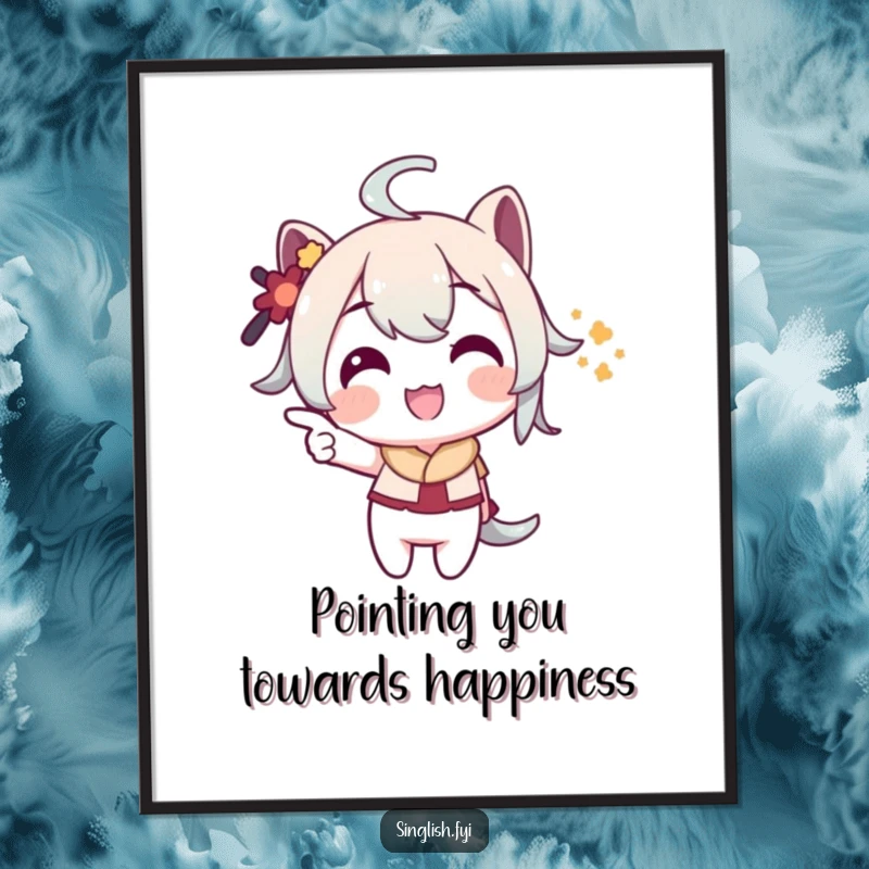 Funny Free Printable Wall Art: A character grins playfully pointing at an unseen object, perfect downloadable art.