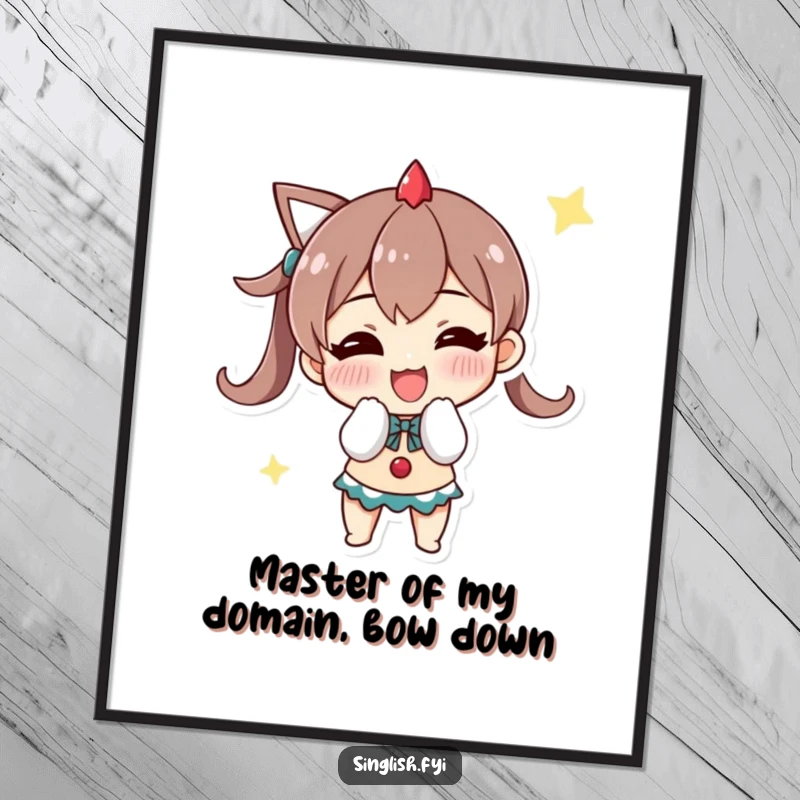 Funny Free Printable Wall Art: Character performs a triumphant bow with a wide, joyous grin, celebrating success.