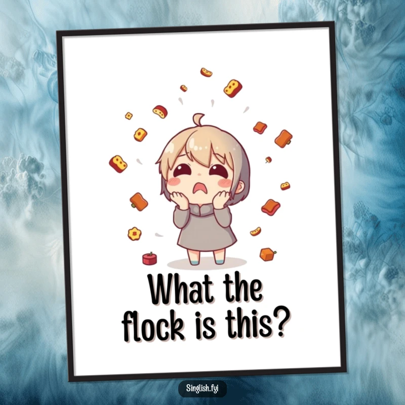 Funny Free Printable Shelduck Wall Art, character surprised by a rain of tiny food items, whimsical downloadable artwork.