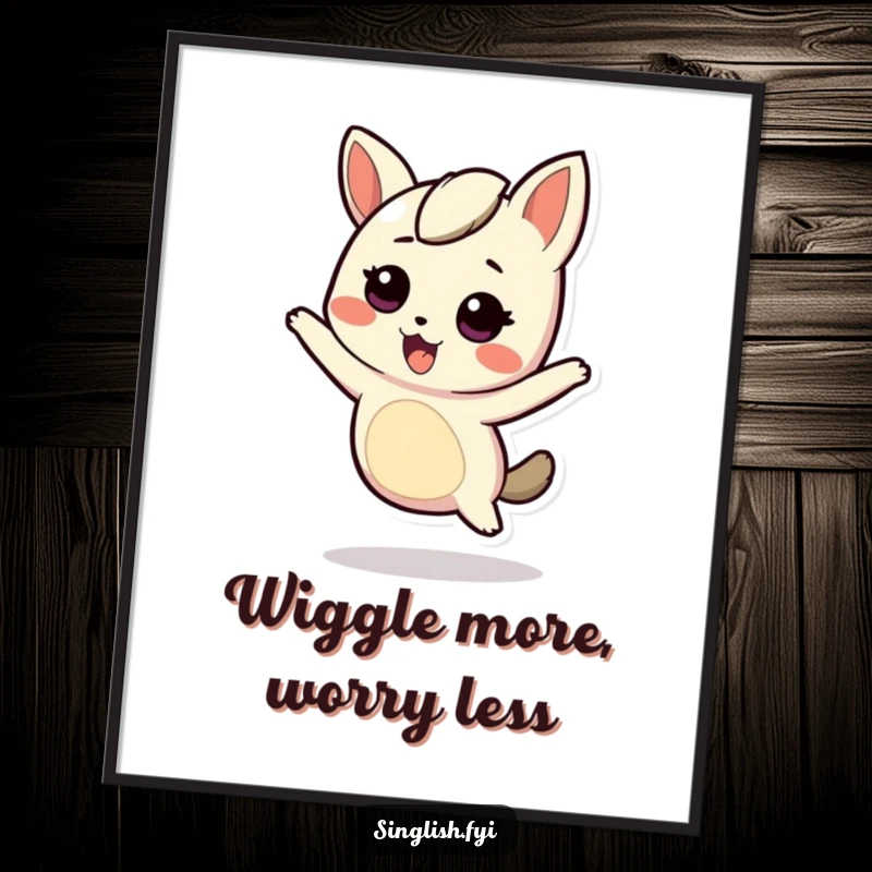 Funny Free Printable wall art showcasing a cute character energetically wiggling its entire body with infectious enthusiasm.