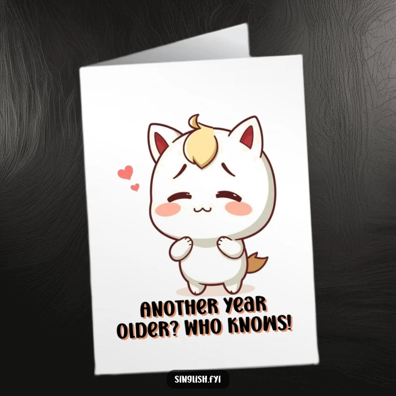 Funny Free Printable Birthday Card: A character shrugs happily, conveying delightful confusion for a unique greeting.