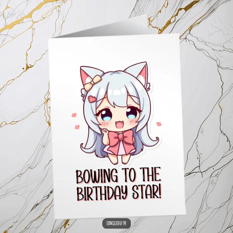 Funny Free Printable Birthday Card: Character performing a tiny yet enthusiastic bow, conveying politeness and humor, perfect for a cheerful greeting.
