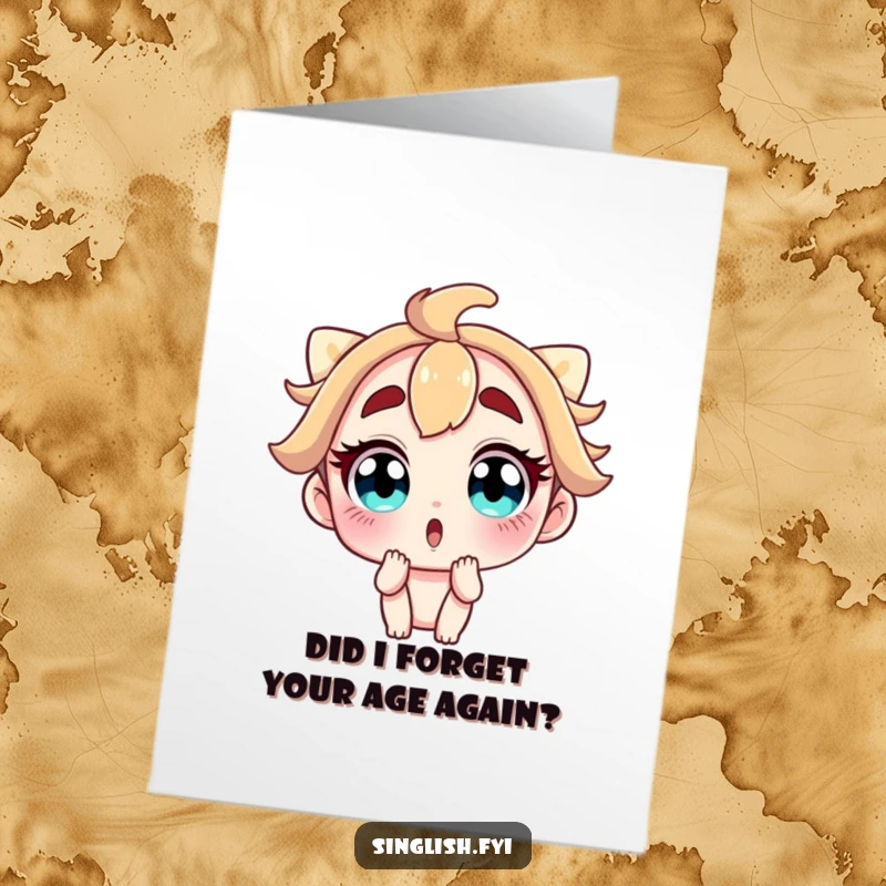 Funny Free Printable Birthday Card featuring a wide-eyed character with raised eyebrows, comically shocked. DIY downloadable greeting.