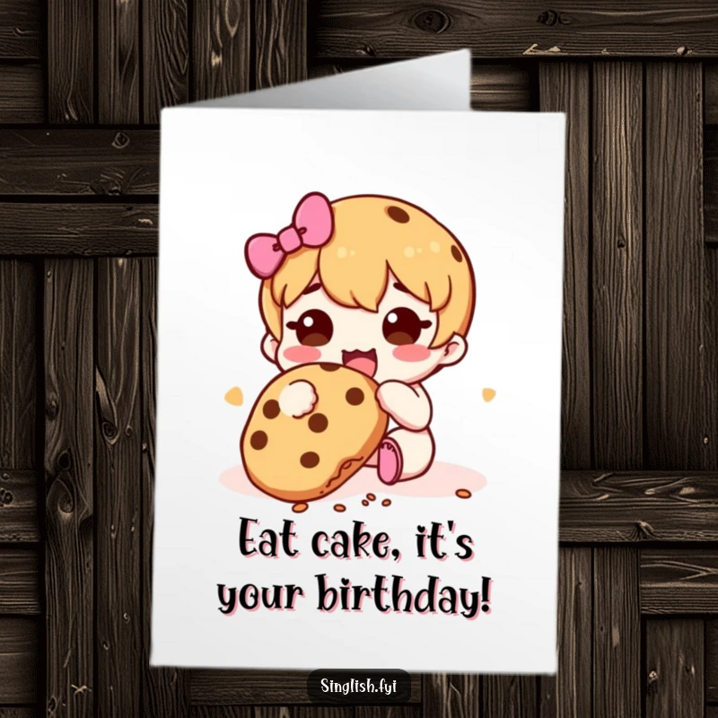 Funny Free Printable Birthday Card: Cute character happily munching a cookie, crumbs falling, a sweet birthday message.
