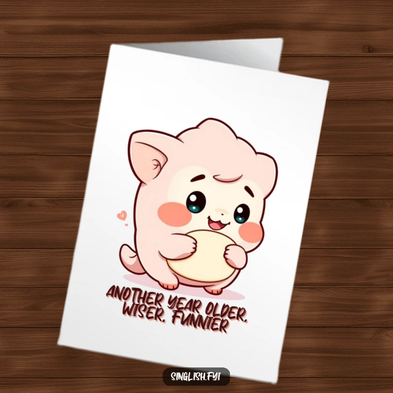 Funny free printable birthday card: a cute character with a cheeky grin playfully holding a lah, ready for a hilarious celebration.