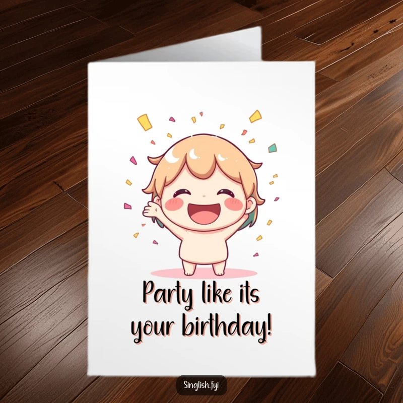 Funny Free Printable Birthday Card featuring a joyful character with a big smile throwing confetti, celebrating a happy occasion.