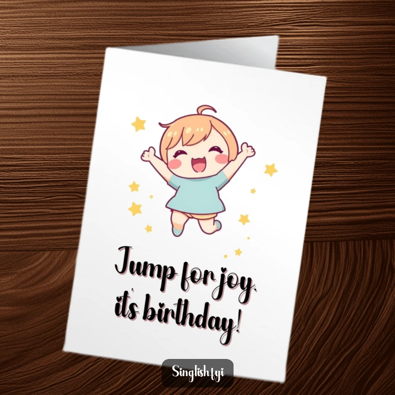 Funny Free Printable Birthday Card: Cute character jumping with joy, surrounded by small stars, bursting with celebratory energy.