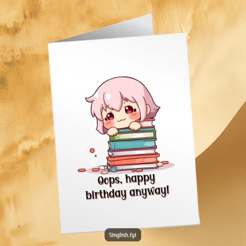 Funny Free Printable Birthday Card: Sheepish character after knocking over books, a comical birthday wish for the accident-prone.