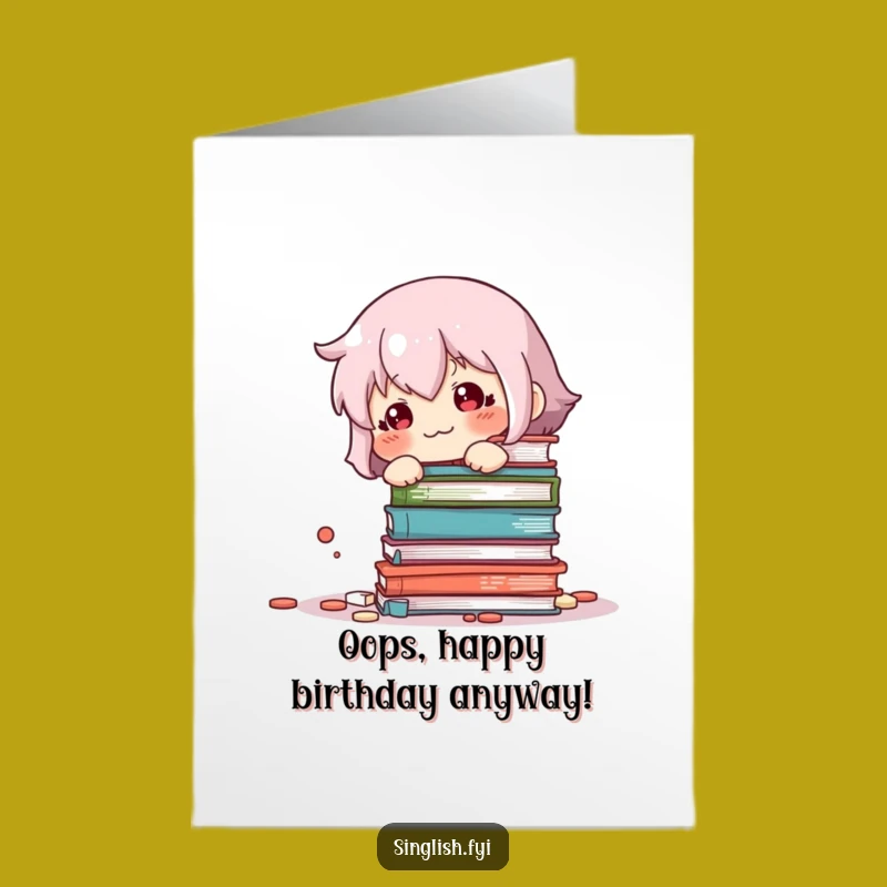 Free Printable Birthday Card: Oops! Book Tower - Funny Downloadable for Clumsy Celebrations