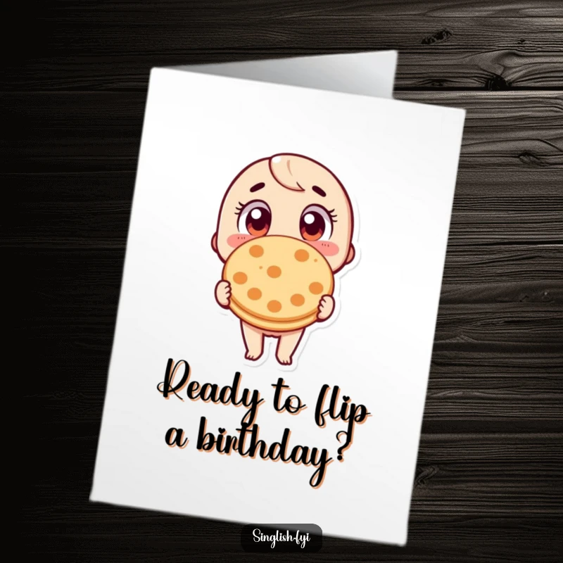 Funny Free Printable Birthday Card: Character with wide eyes stunned by a single roti prata. Hilarious downloadable birthday art.