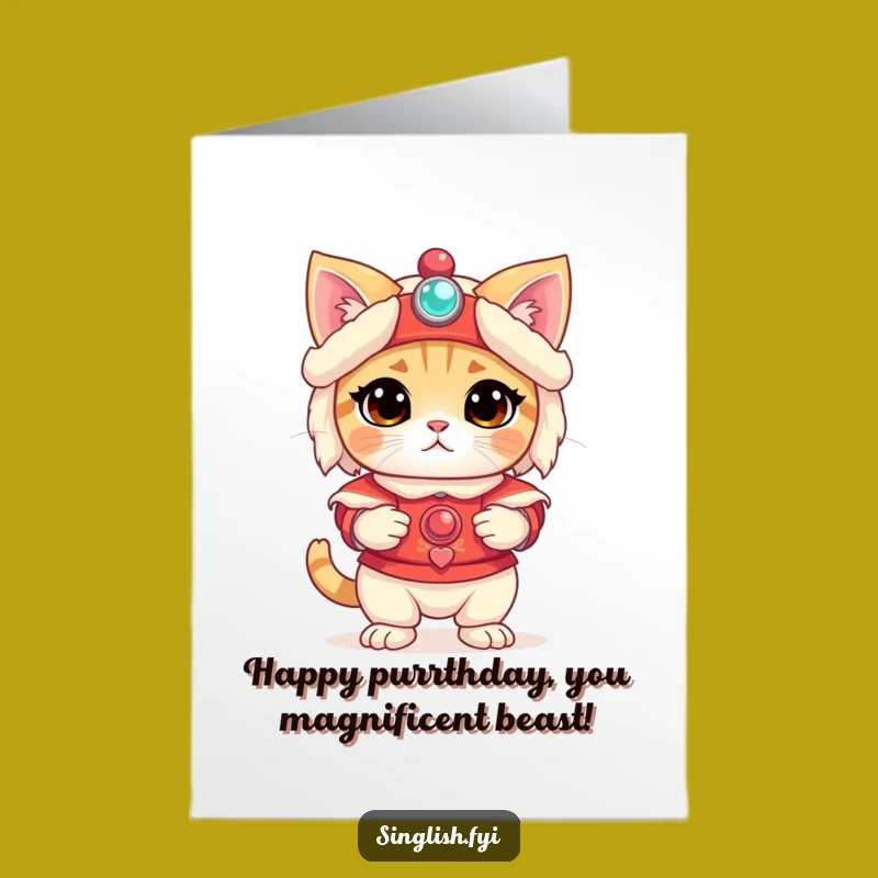 Free Printable Birthday Cat Card: Lion Dance Costume Confused Downloadable Gift