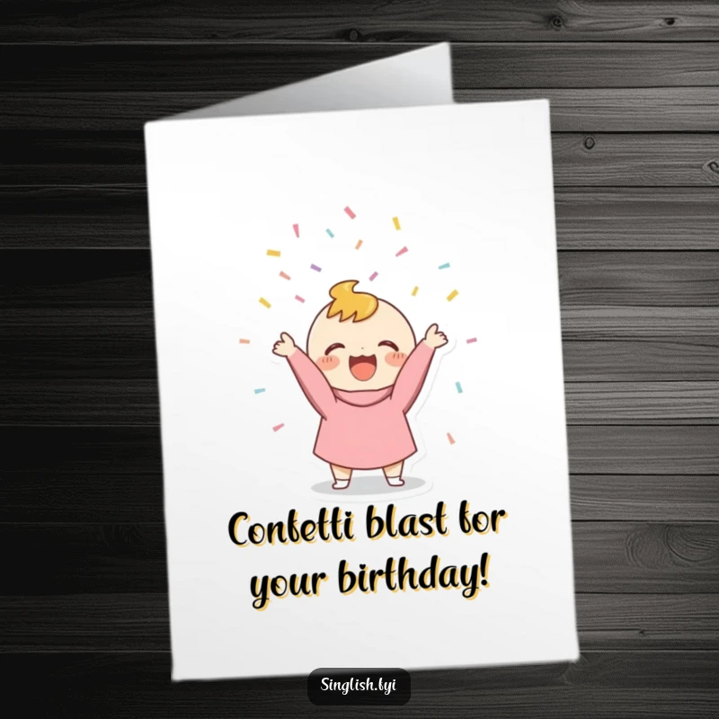Funny Free Printable Birthday Card: Small character gleefully tossing confetti upwards, creating a festive birthday explosion.
