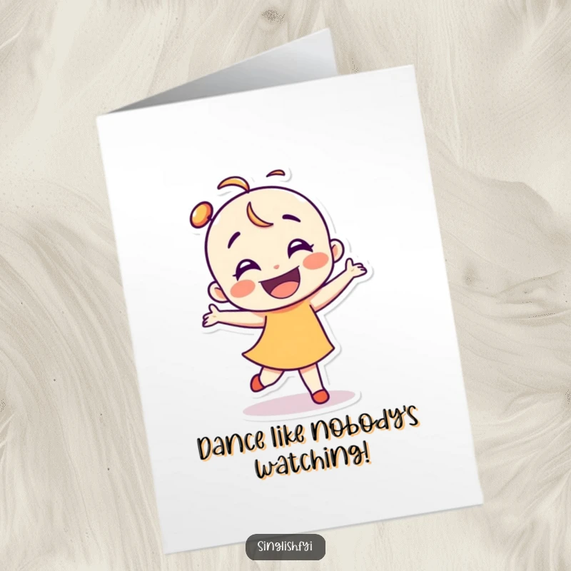 Funny Free Printable Shelduck Birthday Card, character smiling brightly and performing a clumsy, happy dance, perfect for birthdays.
