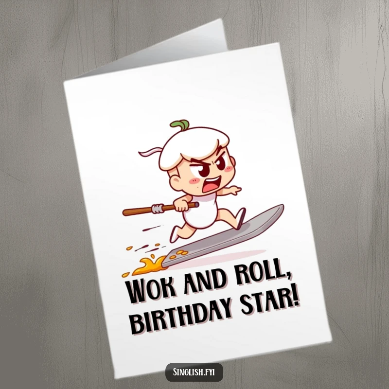 Funny Free Printable Birthday Card: Determined char kway teow character speed racing on a spatula, a dynamic and humorous card.