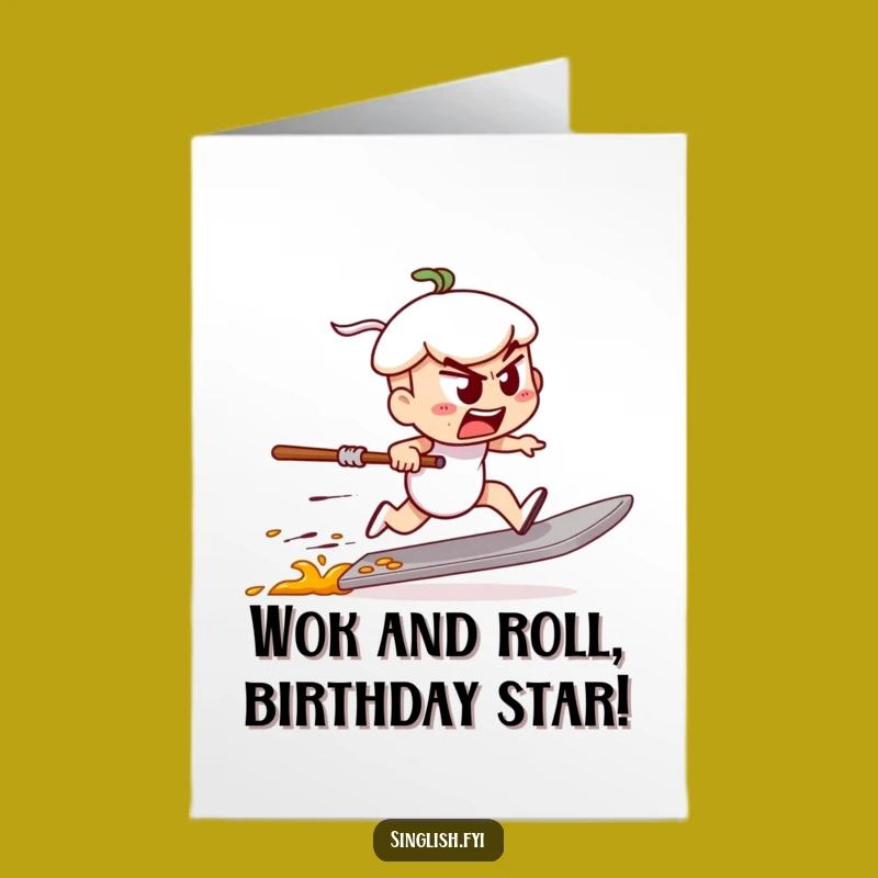 Free Printable Funny Char Kway Teow Birthday Card: Spatula Race Download