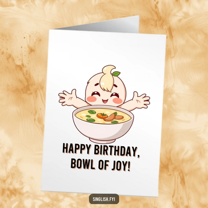 Funny Free Printable Laksa Birthday Card: A happy character embracing a big bowl of delicious laksa with open arms.