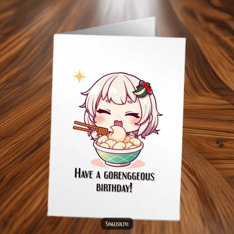 Funny free printable birthday card of a character playfully winking with a delicious plate of mee goreng, a mischievous wish.