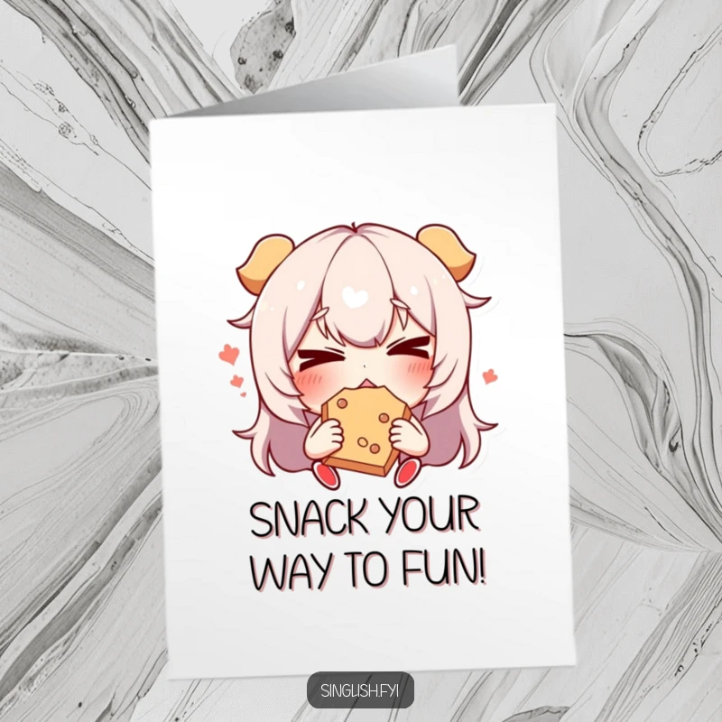 Funny Free Printable Birthday Card: A character with a comically contorted face while devouring a snack, eyes wide with delight or surprise.