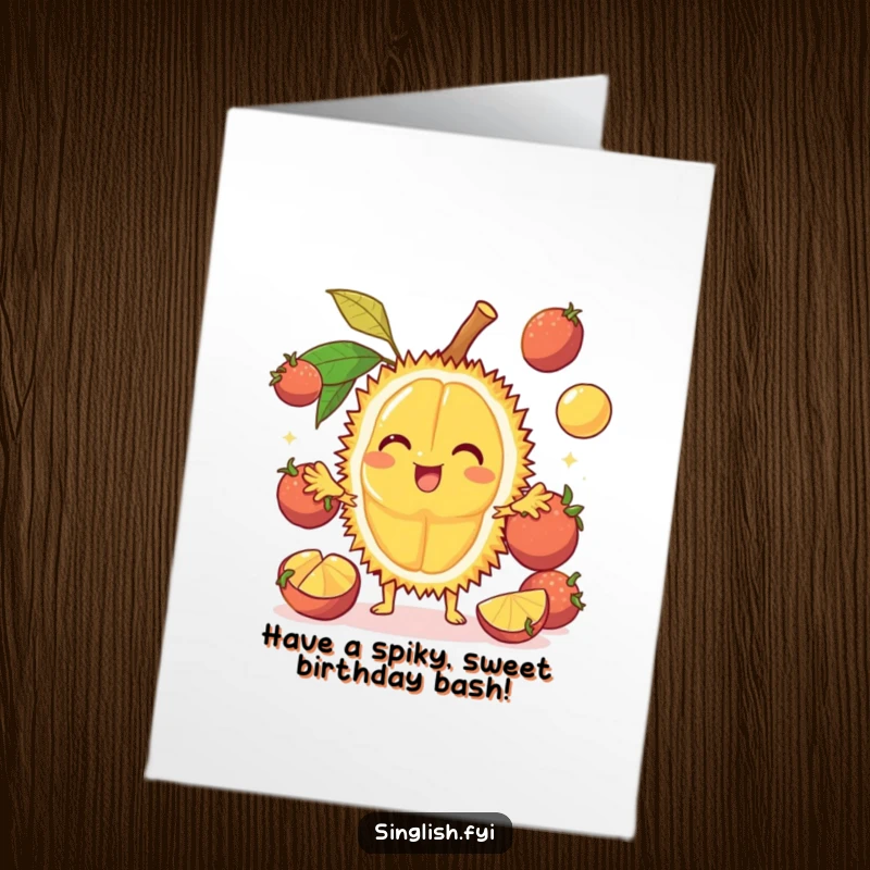 Funny Free Printable Birthday Card: A cheerful durian character juggles mangosteens, wishing a happy birthday delightfully.