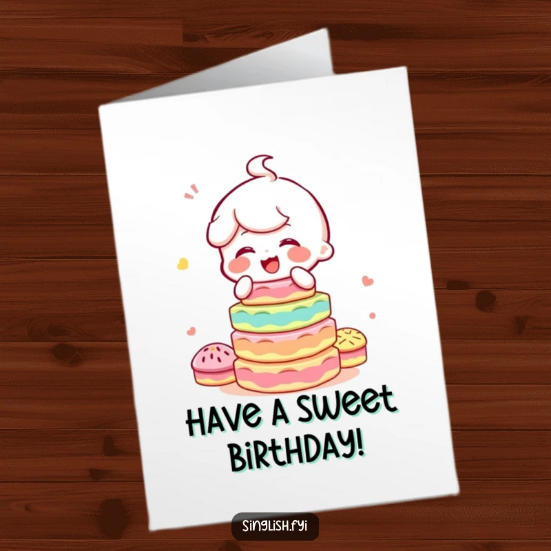 Funny free printable birthday card showing a character giggling uncontrollably while balancing a tall, precarious stack of colorful kuih.