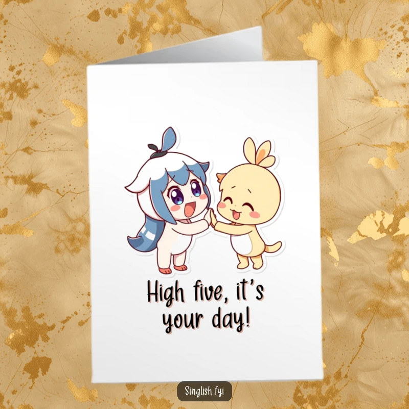 Funny Free Printable Birthday Card: Delighted character joyfully high-fives another, celebrating a birthday.