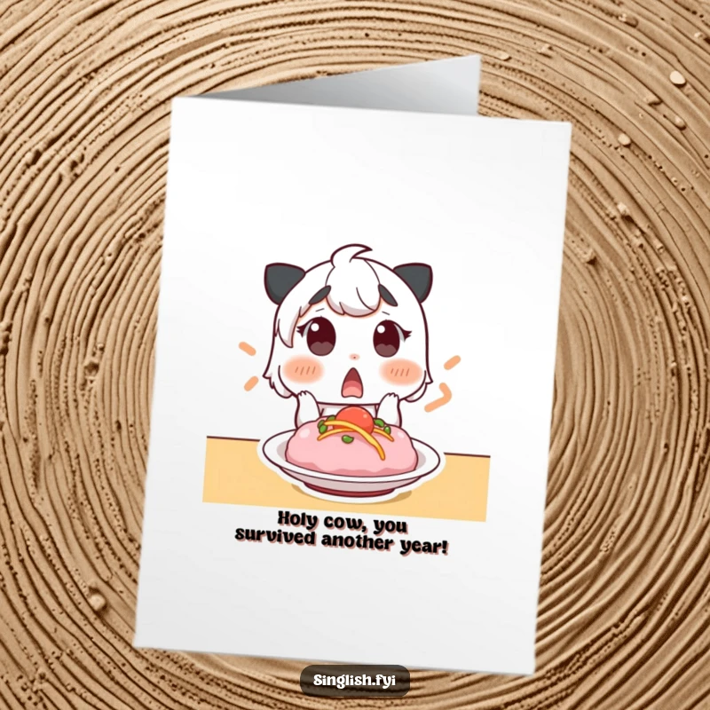 Funny Free Printable Birthday Card showing a surprised character with raised eyebrows gasping at a delicious looking dish, ideal for a foodie.