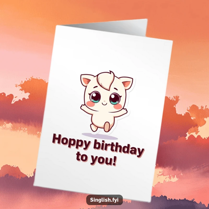 Funny Free Printable Birthday Card: Small character with big eyes doing a playful hop, expressing excitement and happiness, perfect for a DIY gift.