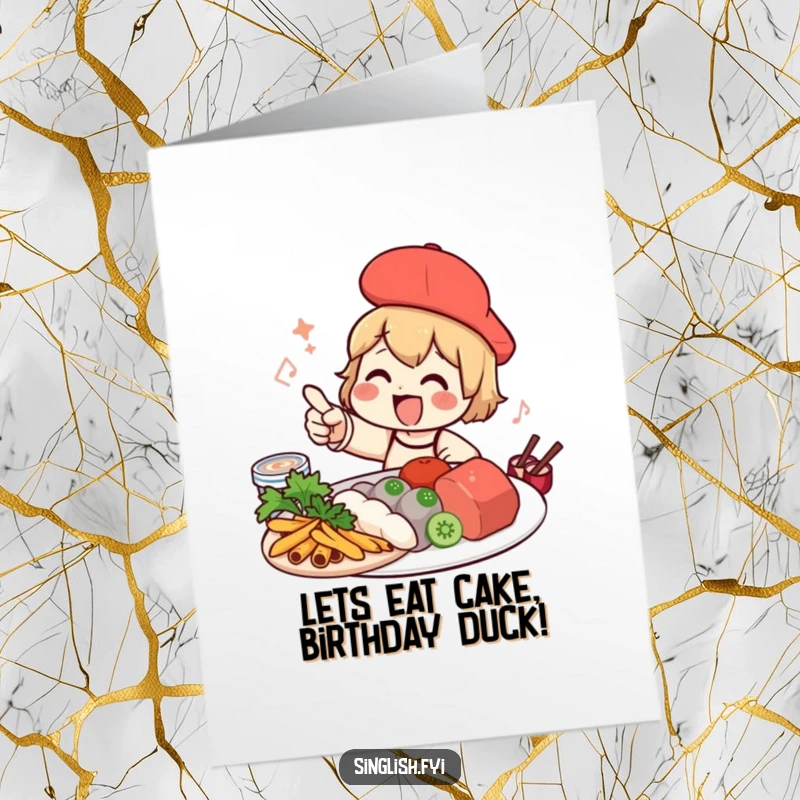 Funny Free Printable Shelduck Birthday Card, character excitedly pointing at delicious local food, perfect for birthday celebrations.