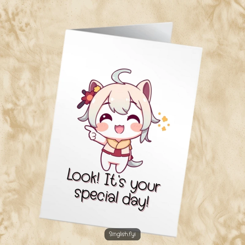 Funny Free Printable Birthday Card: A character grins while playfully pointing at something unseen, perfect for a DIY gift.