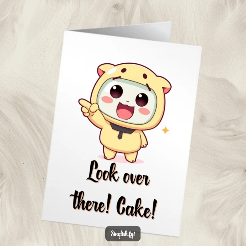 Funny Free Printable Birthday Card: Cute character excitedly pointing off-screen, expressing surprise and joy, perfect for a DIY gift.