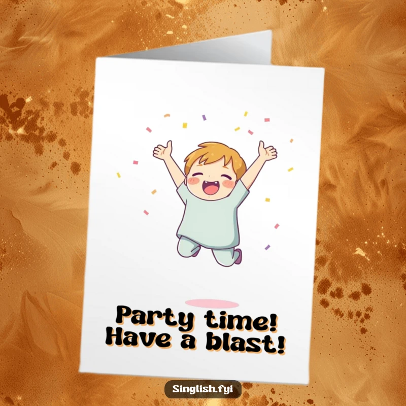 Funny Free Printable Birthday Card: Character mid-air, joyfully jumping and gleefully scattering confetti everywhere.