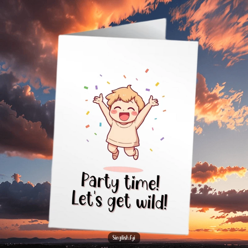 Funny Free Printable Birthday Card: A character jumps with joy, gleefully throwing confetti, perfect for a festive DIY gift.