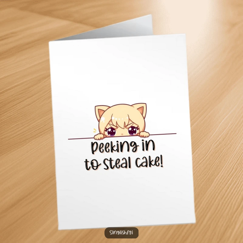 Funny Free Printable Birthday Card: Mischievous character peeking over a wall with playful, impish eyes, ready to surprise.