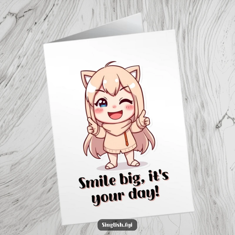 Funny Free Printable Birthday Card: Character striking a ridiculous pose with a huge goofy smile, perfect for birthdays.