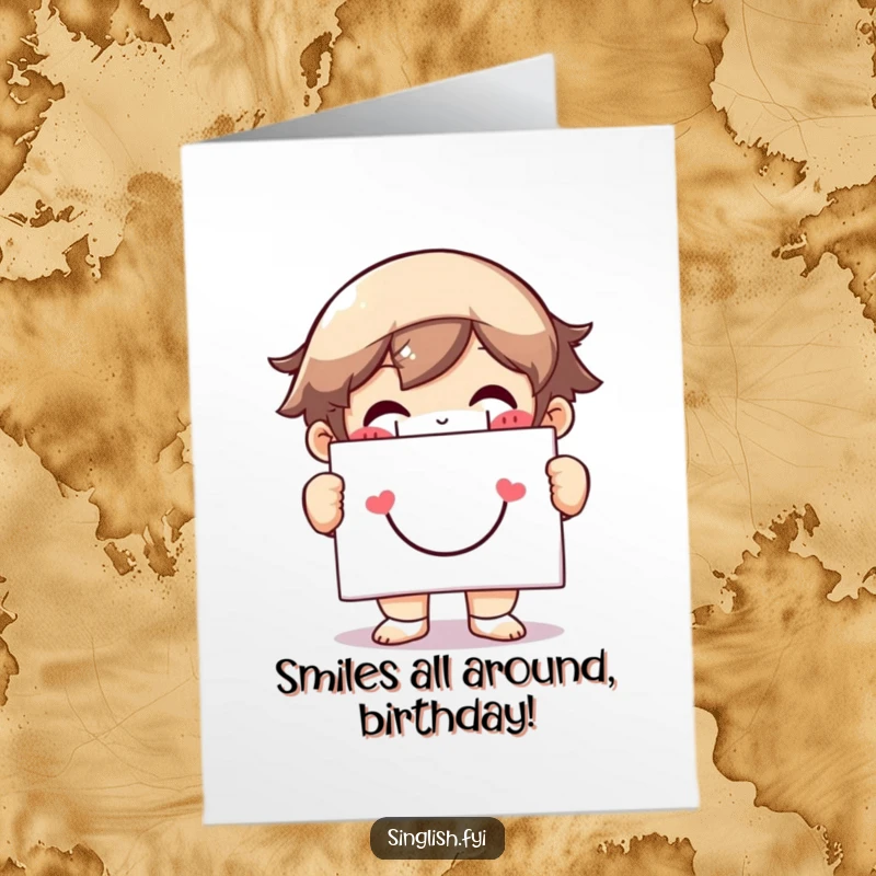 Funny Free Printable Birthday Card: Character with huge grin holds smiley face sign, radiating happiness and good wishes.