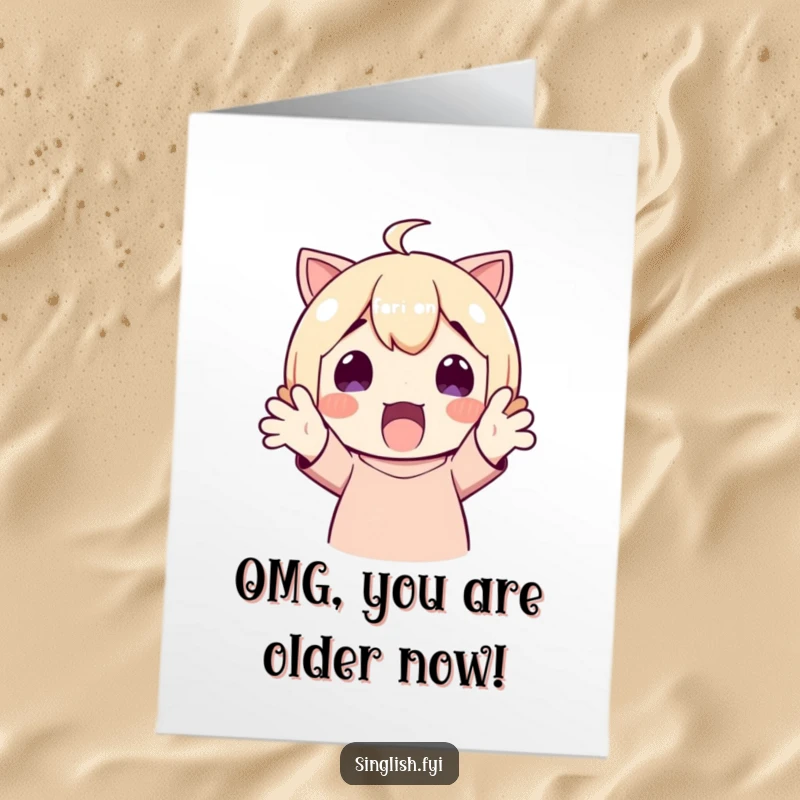 Funny Free Printable birthday card featuring a delighted character with hands up in surprised joy, ready for a celebration.