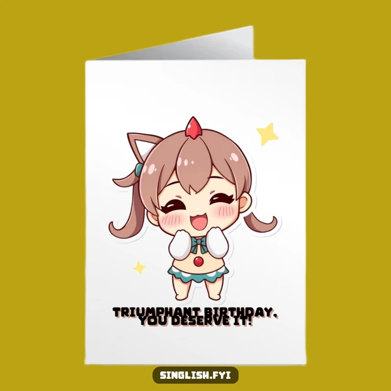 Triumphant Bow Birthday Card Free Printable: Grinning Character Funny Design