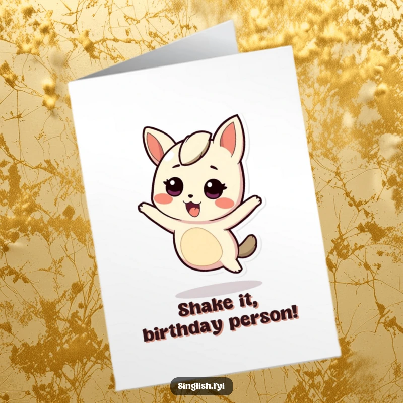 Funny Free Printable birthday card showing a cute character wiggling its body with immense, infectious energy.