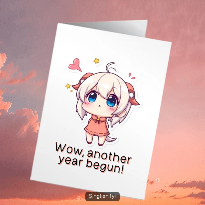 Funny Free Printable birthday card featuring a character looking upwards with wide eyes filled with wonder and anticipation.