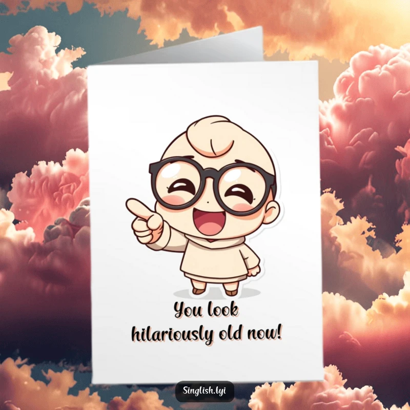 Funny Free Printable Birthday Card: A cute character wearing large glasses points and laughs heartily, pure joy.