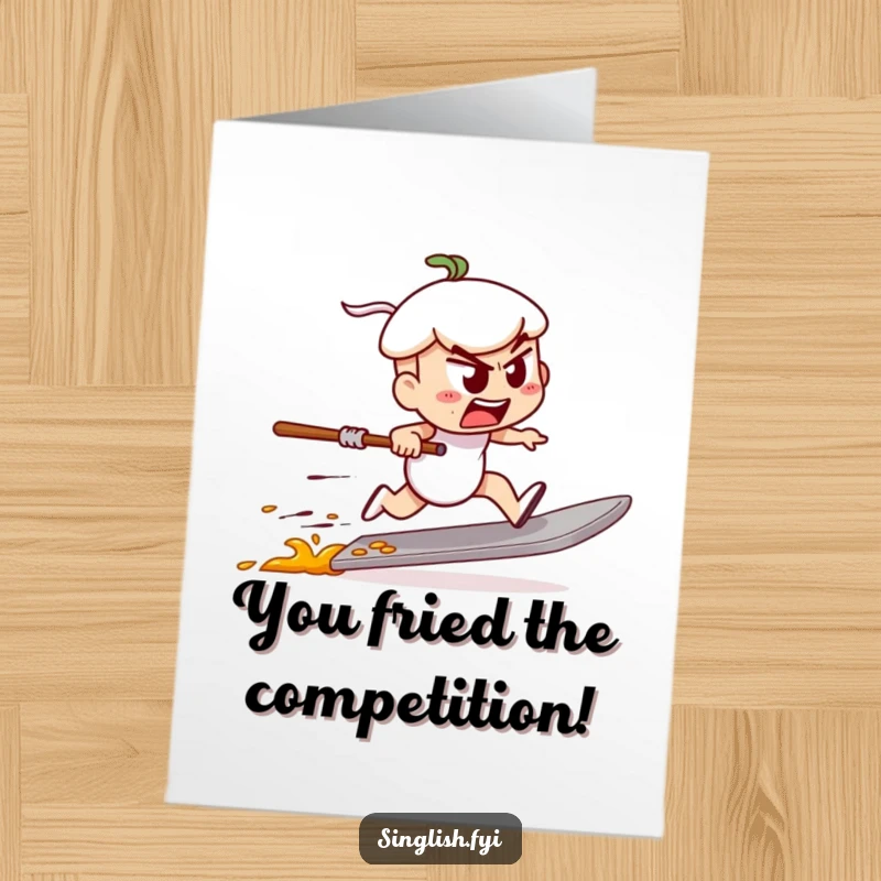 Funny Free Printable Congratulations Card: Determined char kway teow character speed racing on a spatula, symbolizing a fast win.