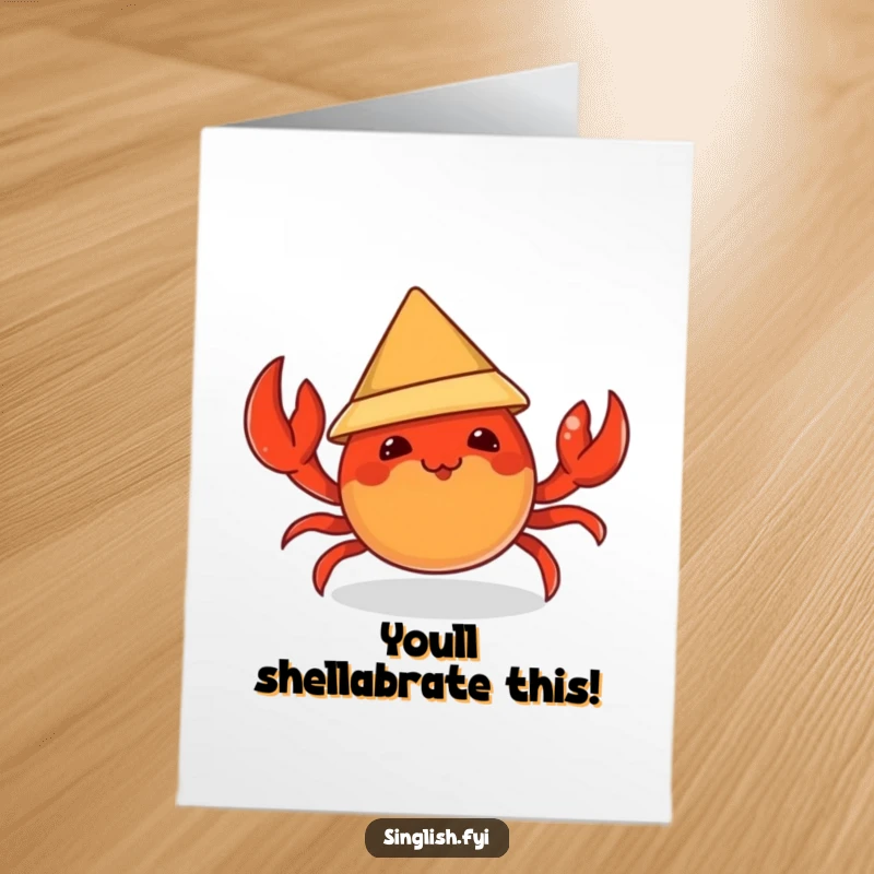 Funny Free Printable Congratulations Card: A mischievous chili crab character adorably attempting to wear a tiny party hat, great for celebrations.