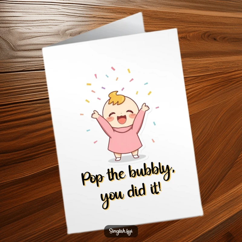 Funny Free Printable Congratulations Card: Tiny character joyfully throwing confetti upwards, celebrating achievements with a bang.