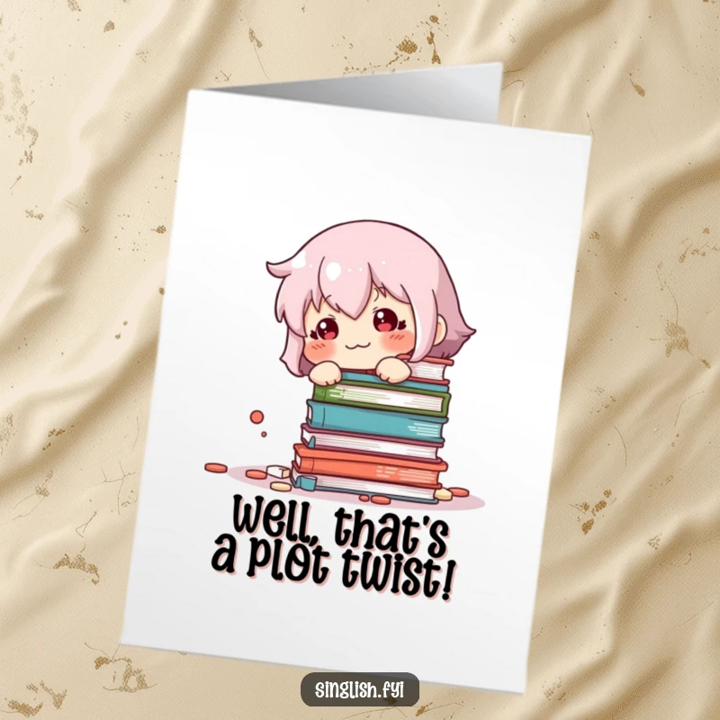 Funny Free Printable Congrats Card: Sheepish character looks embarrassed after toppling a stack of books, a humorous congratulations.