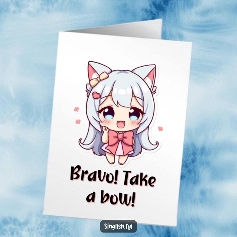 Funny Free Printable Congrats Card: Character giving a tiny, enthusiastic bow, showing appreciation and congratulatory spirit with humor.