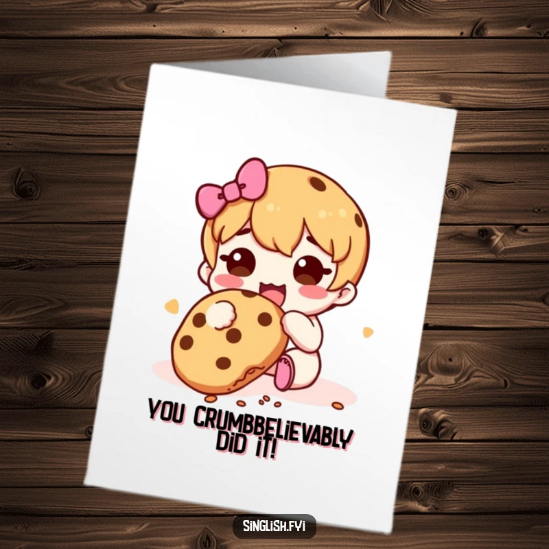 Funny Free Printable Congrats Card: Cute character joyfully eating a cookie, crumbs everywhere, celebrating success.