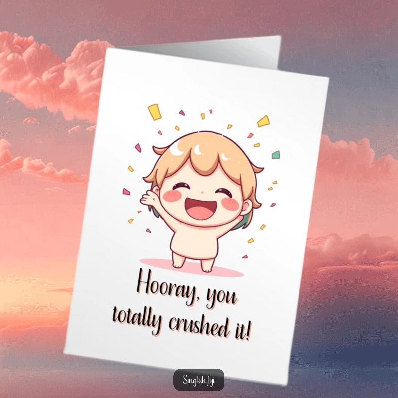 Funny Free Printable Congratulations Card showing a joyful character with a big smile tossing confetti, celebrating a milestone.